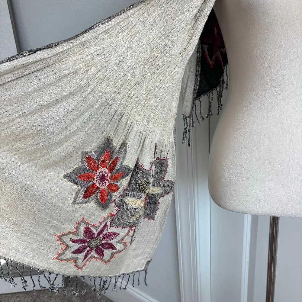 Embroidered Floral Smocked Pashmina Shawl Wrap Scarf Boho Fringe Reversible